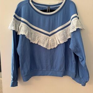 Anthropologie Blue Sweatshirt with White Lace Trim